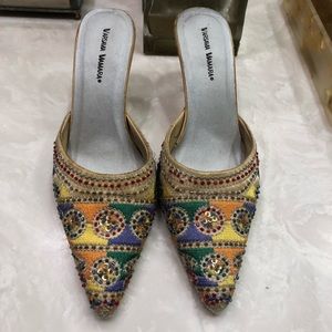 Heeled mule slippers, embroidery & beads, Size 6.5